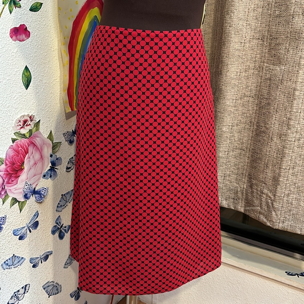 Vintage 1990’s Nine & Company, retro, black/red polka dot midi skirt. Size 12.